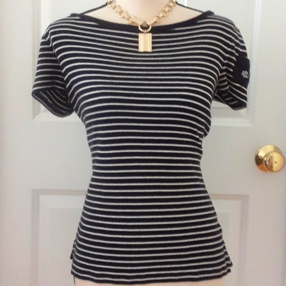 Ralph Lauren Cotton Nautical Striped Tee with Logo Arm Pocket Size Medium